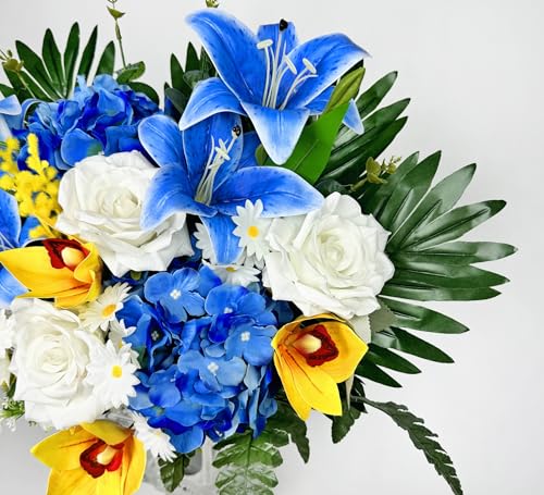 Artificial Cemetery Flowers for Grave Decorations - Realistic Rose Daisy Lily Cymbidium Sympathy Bouquet