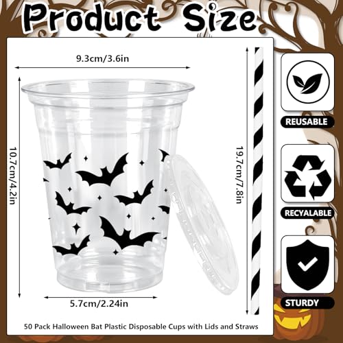 Halloween Plastic Cups with Lids & Straws - Black Bat Design, 12Oz, 50 Pack