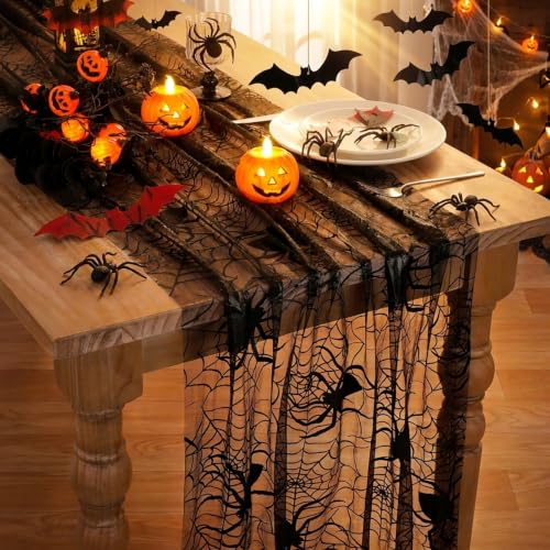 Halloween Black Lace Spiderweb Table Runner 29x120 Inches - 3pcs, Spooky Decor