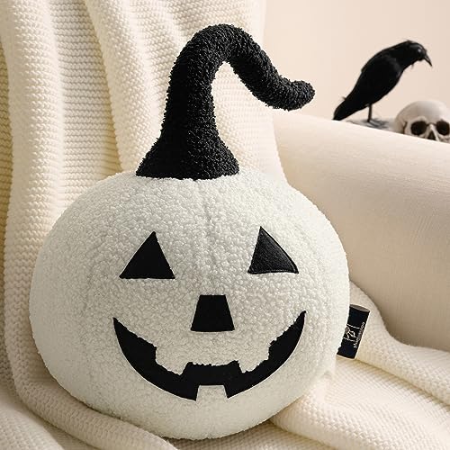 Halloween 3D Pumpkin Pillow - Off White Teddy Fleece, 9.5 x 9.5 Inches