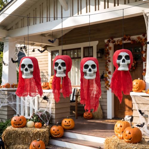 Large 4 Piece Hanging Skull Heads Halloween Decorations on String - Creepy Outdoor Graveyard Decor