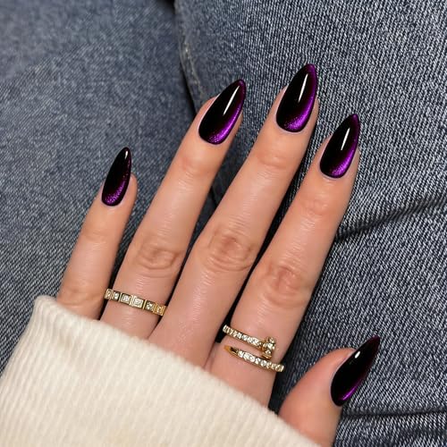 Press On Glitter Cat Eye Nails Medium Almond Black Purple Variation of THIS Listing