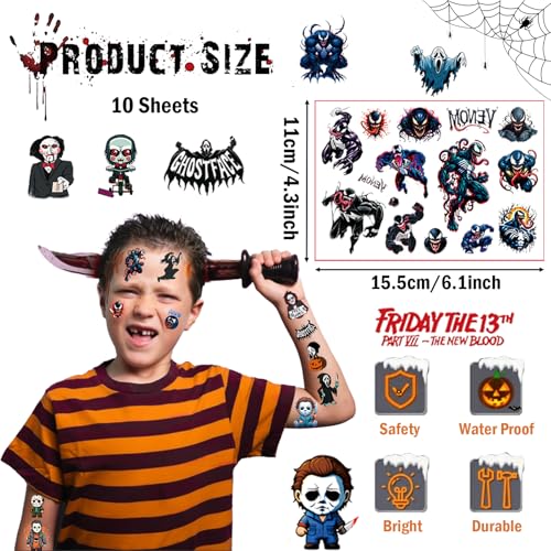 Halloween Temporary Tattoos Black & White 10 Sheets Kids Party Favors
