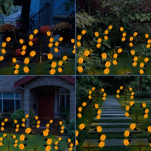 Outdoor Halloween Pumpkin Stake Lights with Solar Fireflies - Waterproof Yard Decor
