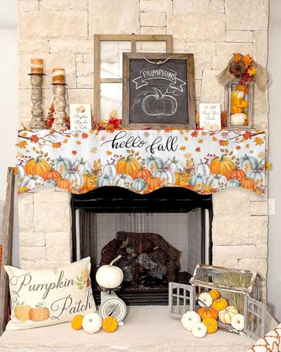 QueenKer Hello Fall Fireplace Mantel Scarf 70x17 Dark Orange Pumpkin & Maple Leaves