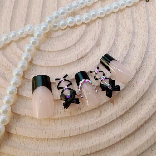 Colorful French Tip Press On Nails Medium Long Bling Rhinestone Bow 3D Bow Artificial Nails - 24pcs - Bow Ties