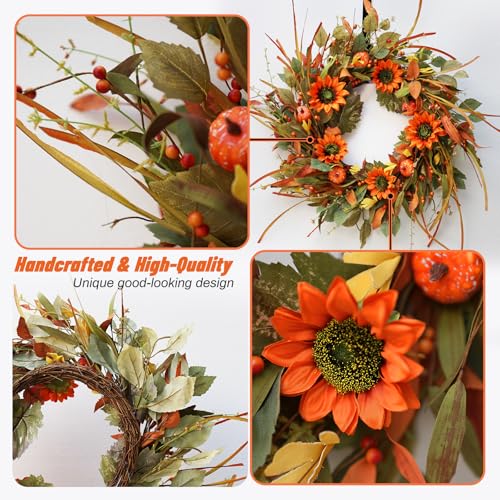 22-Inch Fall Pumpkin Wreath with Sunflowers and Berries for Front Door Decor