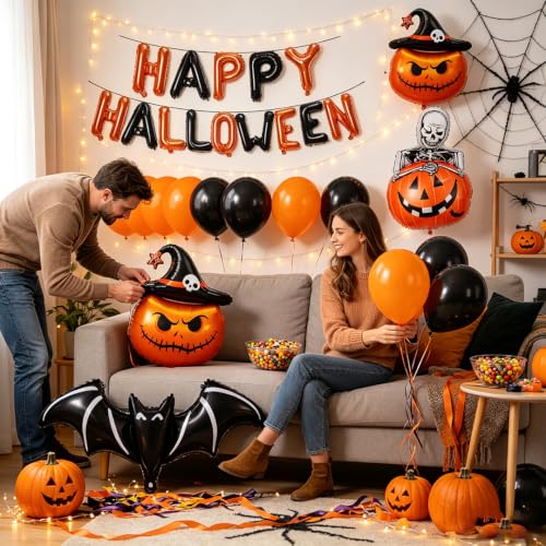Halloween Balloons Banner Set with Bat and Pumpkin - Variation B