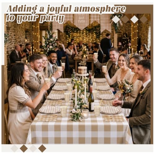Gingham Party Supplies Set - Brown and Beige Disposable Plates Napkins Cups Cutlery & Tablecloth - 452 Pieces