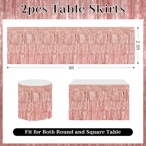 2 Pack Rose Gold Foil Fringe Table Skirts for Party Decorations - 29.5x108 Inch