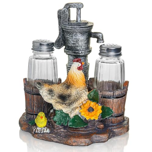 Farmhouse Rooster & Chick Salt & Pepper Shaker Set with Water Pump - Rustic Kitchen Decor - FarmHenWell Variation