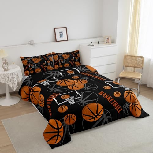 Basketball Pattern Comforter Set Queen Size - Black Orange Kids Bedroom Bedding with Pillowcases