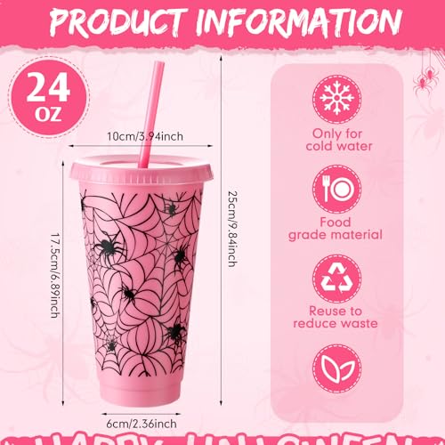 Pink Halloween Spiderweb Plastic Cups Bulk with Lids & Straws - 24 oz, Variation: Spiderweb/Pink