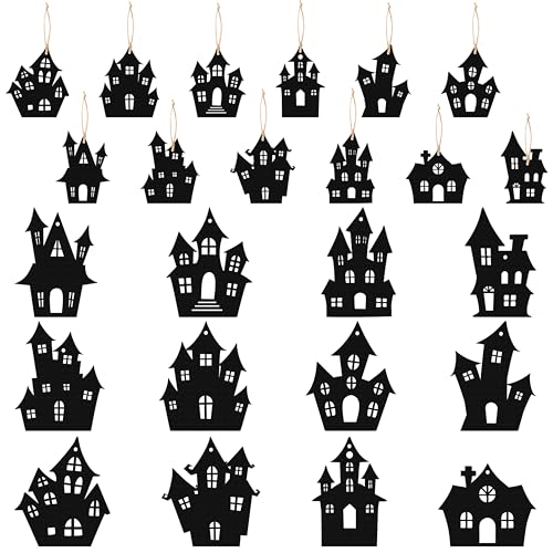 Halloween Haunted House Wooden Hanging Ornaments Set - 36pcs with Ropes - Spooky Decor