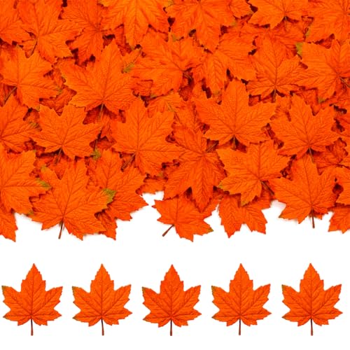 Artificial Fall Maple Leaves - 40pcs Autumn Leaves for Thanksgiving & DIY Decor - Orange, Realistic Design
