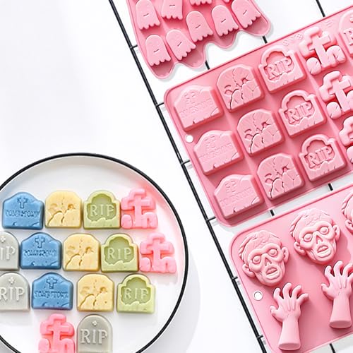 Halloween Silicone Mold Set - Tombstone, Ghost & Zombie Shapes - Pink QY224