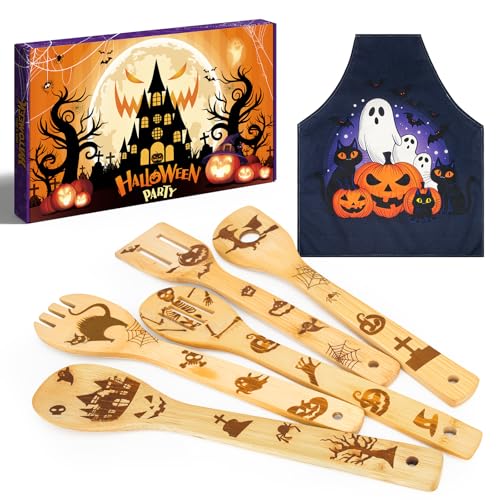 Halloween Wooden Kitchen Utensil Set with Apron - Spooky Decor & Cooking Tools