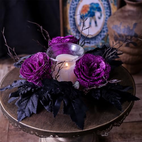 Halloween Candle Ring Wreath Artificial Purple Flowers Black Maple Leaves 9.84"