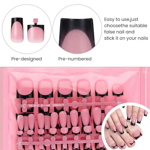 Black French Tip Press On Toe Nails - Medium Square Fake Toenails, 60 Pcs