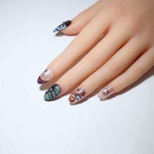 10 Short Almond Handmade Press On Nails | 3D Floral Dopamine Sweet & Edgy Design with Snake Pattern, Marbling & Silver Gilding | Skip Salon Trips, Easy to Apply & Remove, Reusable(251112, S)