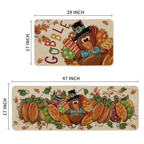 Set of 2 Thanksgiving Kitchen Rugs - Turkey Pumpkin Maple Leaves Floor Mats