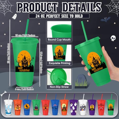 Halloween Plastic Cups with Lids & Straws - 24 Oz, Stylish Design, 24 Pack