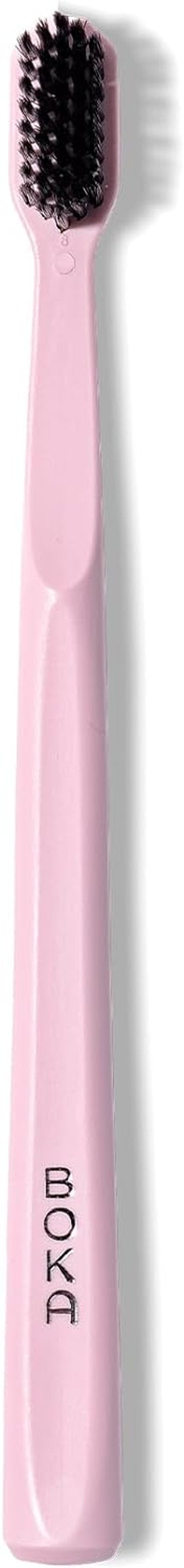 Boka Classic Manual Toothbrush - Extra Soft Activated Charcoal Bristles, Bioplastic Handle, Pink | Travel Cap Included