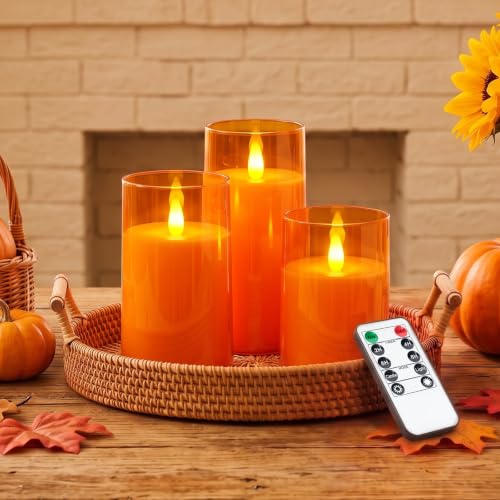 Raycare Flameless LED Pillar Candle 3 Pack - 3D Flame Timer Remote - Orange, D3xH4, 5, 6 Inches