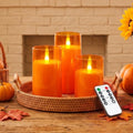 Raycare Flameless LED Pillar Candle 3 Pack - 3D Flame Timer Remote - Orange, D3xH4, 5, 6 Inches