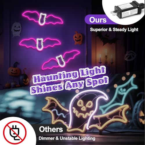 LED Neon Bat Lights Halloween Decor - 3 Pack Pink & White Hanging Bats, 20 Inches, Outdoor Waterproof