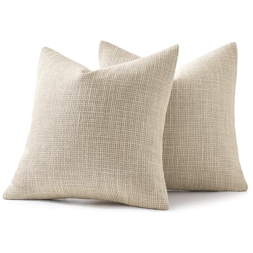 20x20 Inch Linen Throw Pillow Covers Set of 2 - Beige, Farmhouse & Modern Decor