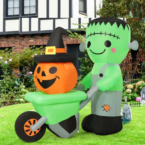 6.1FT Halloween Inflatable Frankenstein with Pumpkin Cart Outdoor Decor - Waterproof, LED Lights
