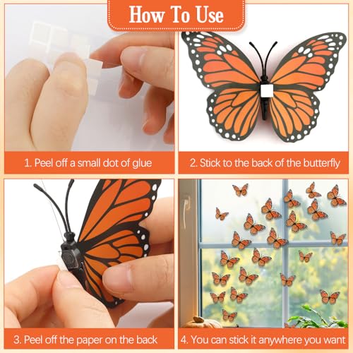 Orange 48 Pcs Monarch Butterfly Wall Decor - Realistic 3D Artificial Butterflies for Autumn & Home Decor