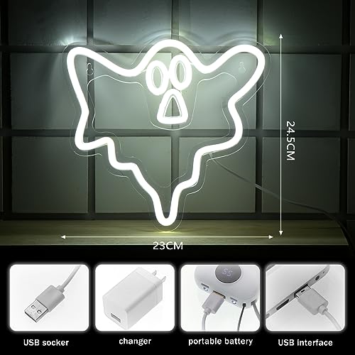 Ghost Neon Sign - White LED USB Wall Decor 9.84 Inch Halloween Ghost Light