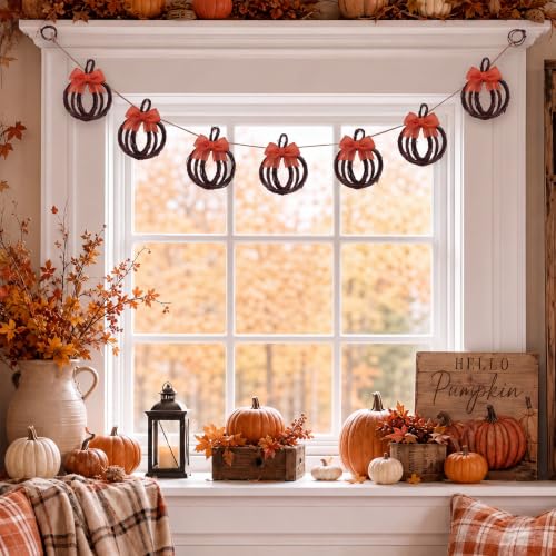 Fall Pumpkin Garland with Rattan Bows - 5 ft Farmhouse Decor, Pumpkin Variation
