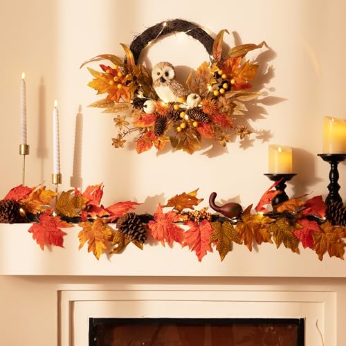 18-Inch Fall Wreath with Owl, Pumpkin & Lights - Rustic Autumn Decor