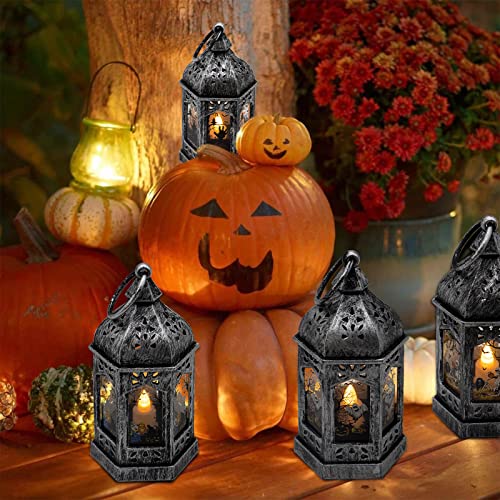 Silver-Hween 8-Pack Mini Lanterns with Halloween Pattern Glass & Flickering LED Candles