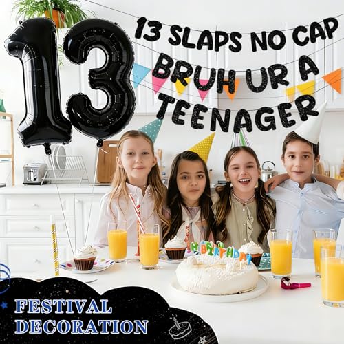 Black 13th Birthday Decorations for Boys Balloon Banner & Number 13 Foil Balloon