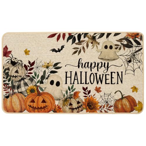 Halloween Door Mat Pumpkin Ghost Spider Web Welcome Doormat 17x29 Inch - Ghost Pumpkins Variation