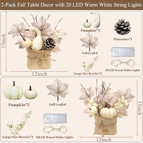 Fall Table Centerpieces with LED Timer - 2 Pack Autumn Decor with Maple Trees, Pumpkins & Berries