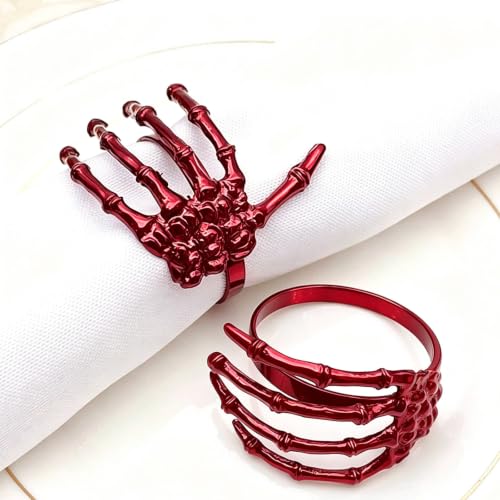 Red Halloween Skeleton Napkin Rings Set of 6 - Spooky Gothic Table Decor