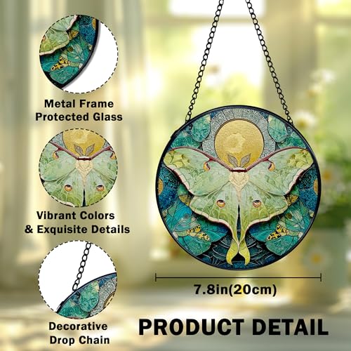 Green Luna Moth Suncatcher Stained Glass Window Hanging - Wall Art Decor, 7.9 Inch