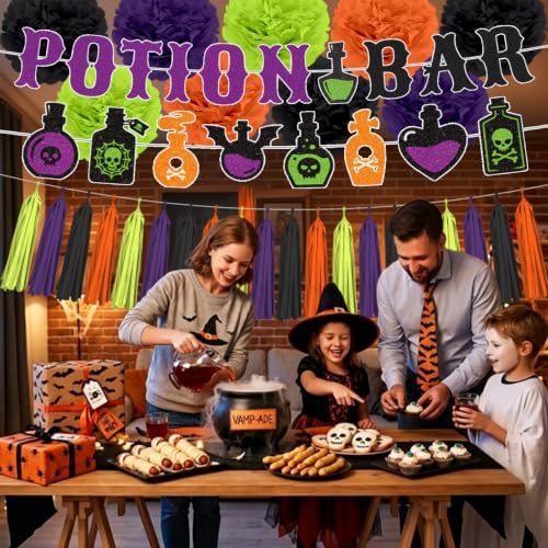 Halloween Potion Bar Decorations Set with Banners and Tassels - Witch Party Supplies