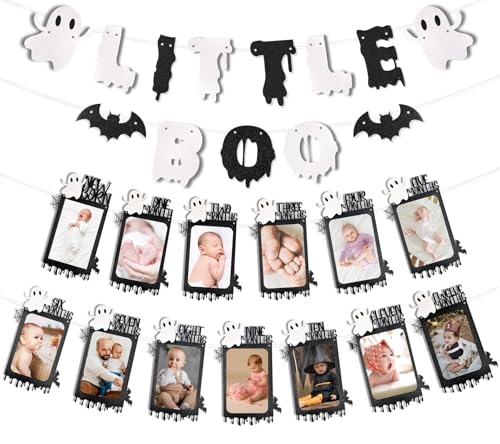 Black Little Boo Halloween Baby Milestone Banner - Glitter Ghost Photo Decoration for 1st Birthday