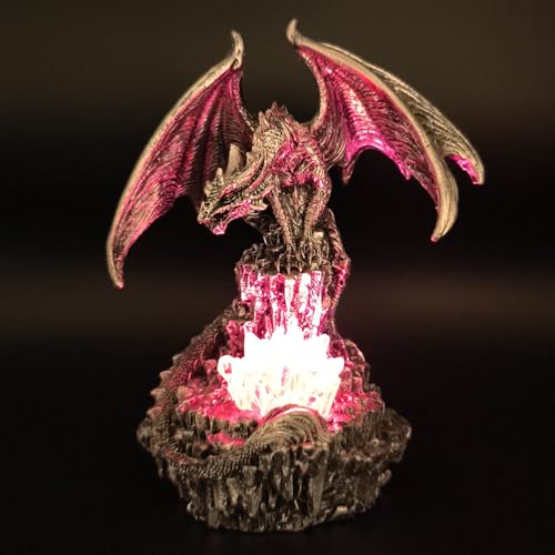 Silver Dragon Guarding Faux Crystal Light Statue with LED Glow - Fantasy Home Decor