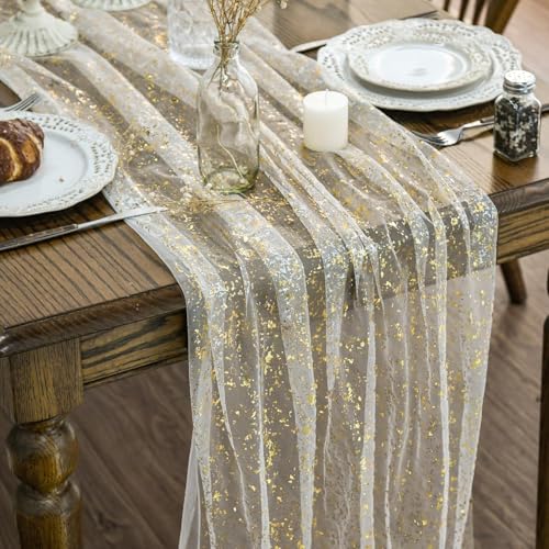6Pcs 28x120 Inch Beige Gold Gauze Table Runner Set for Wedding & Party Decor