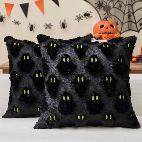 Halloween Decor Pillow Covers 18x18 Inch Set of 2 Black Ghost Plush Faux Fur