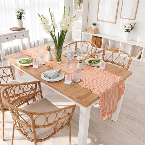 Ruffled Table Runner - Vertical Stripe Orange Cotton Farmhouse Decor