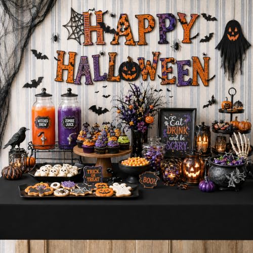 Halloween Disposable Plastic Tablecloth - 12 Pcs Rectangular Festive Table Cover - Green Black Purple Orange Variation