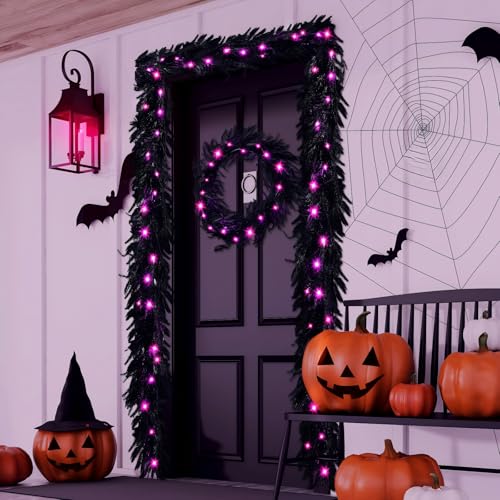 Halloween Black Leave Garland with Lights 6ft Indoor Outdoor Decor